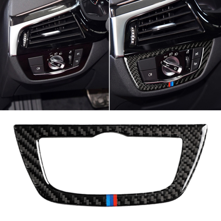 Car Tricolor Carbon Fiber Headlight Switch Frame Decorative Sticker for BMW 5 Series G38 528Li / 530Li / 540Li 2018