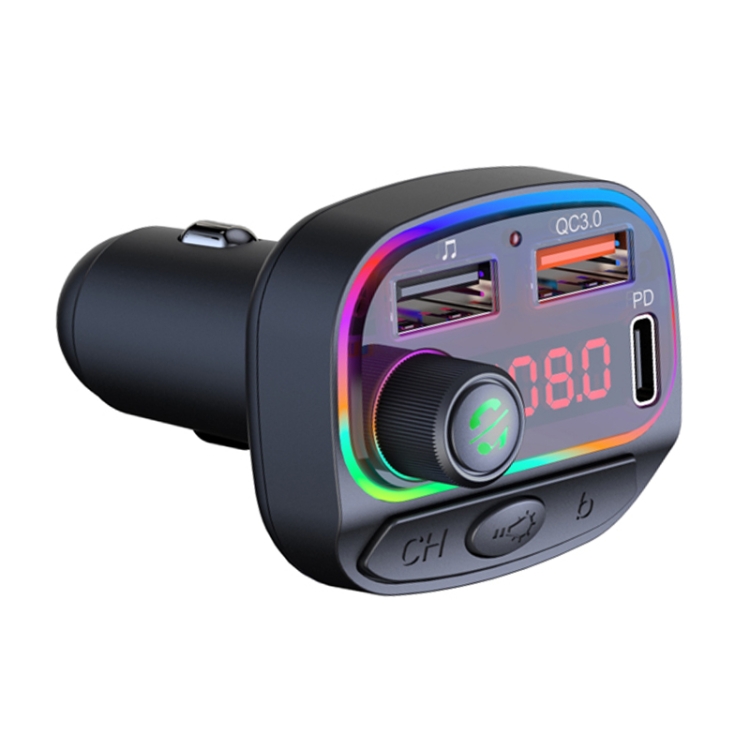 C14 Multifunctional Car Dual QC3.0+PD18W USB Charger Bluetooth FM Transmitter with Atmosphere Light