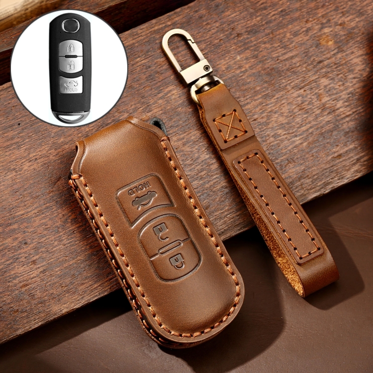 Hallmo Car Cowhide Leather Key Protective Cover Key Case for Mazda Axela 3-button