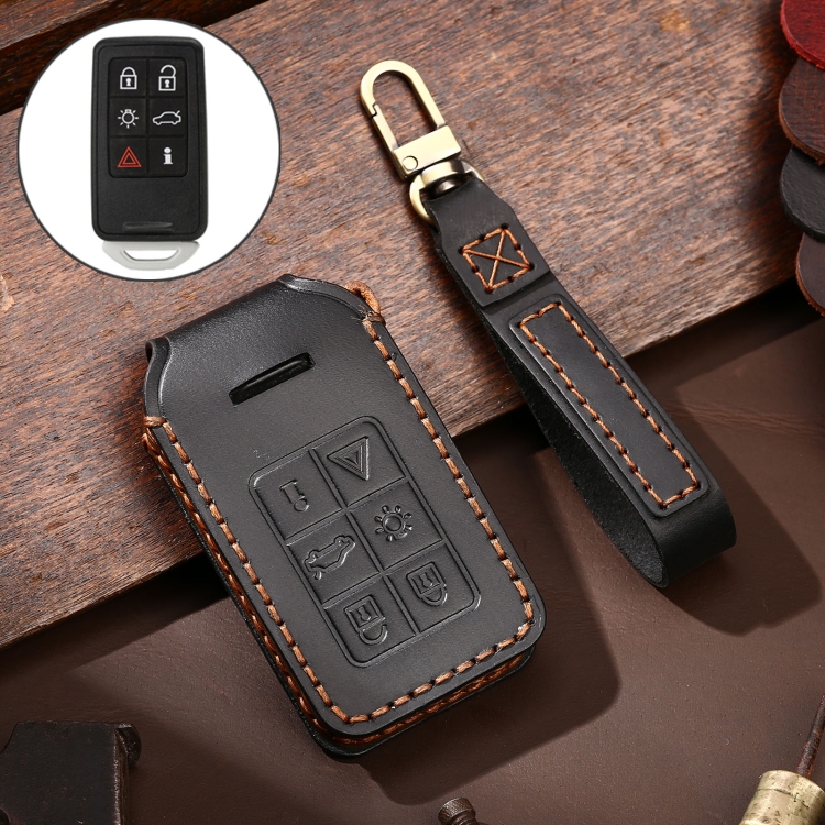 Hallmo Car Cowhide Leather Key Protective Cover Key Case for Volvo 6-button