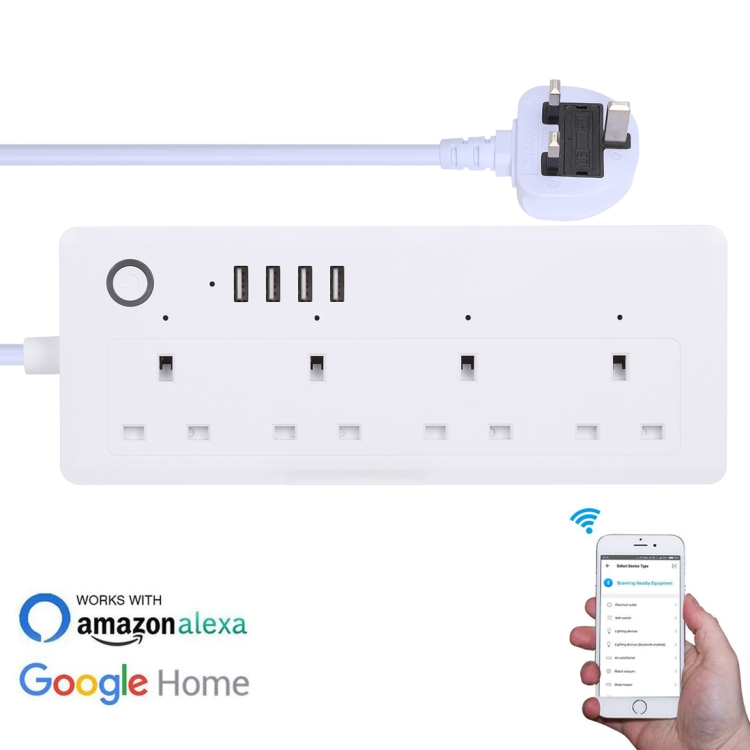 4 x USB Ports + 4 x UK Plug Jack 13A Max Output WiFi Remote Control Smart Power Socket Works with Alexa & Google Home, AC 100-240V, UK Plug