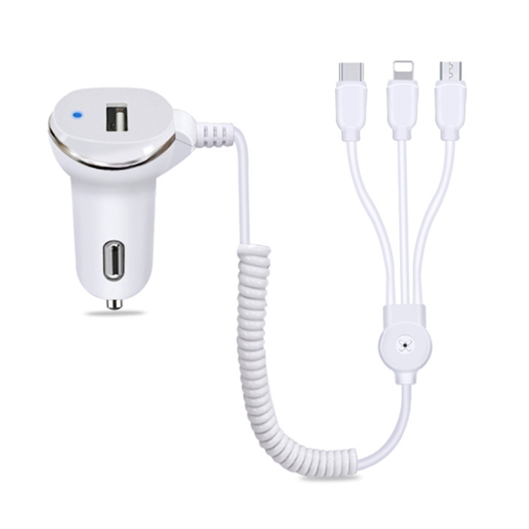WK WP-C24 3.1A Explore The 3-in-1 Free Edition 8 Pin / Micro USB / USB-C / Type-C Data Cable + USB Car Charger