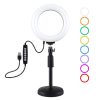 PULUZ 6.2 inch 16cm USB 10 Modes 8 Colors RGBW Dimmable LED Ring Vlogging Photography Video Lights + Round Base Desktop Mount with Cold Shoe Tripod Ball Head