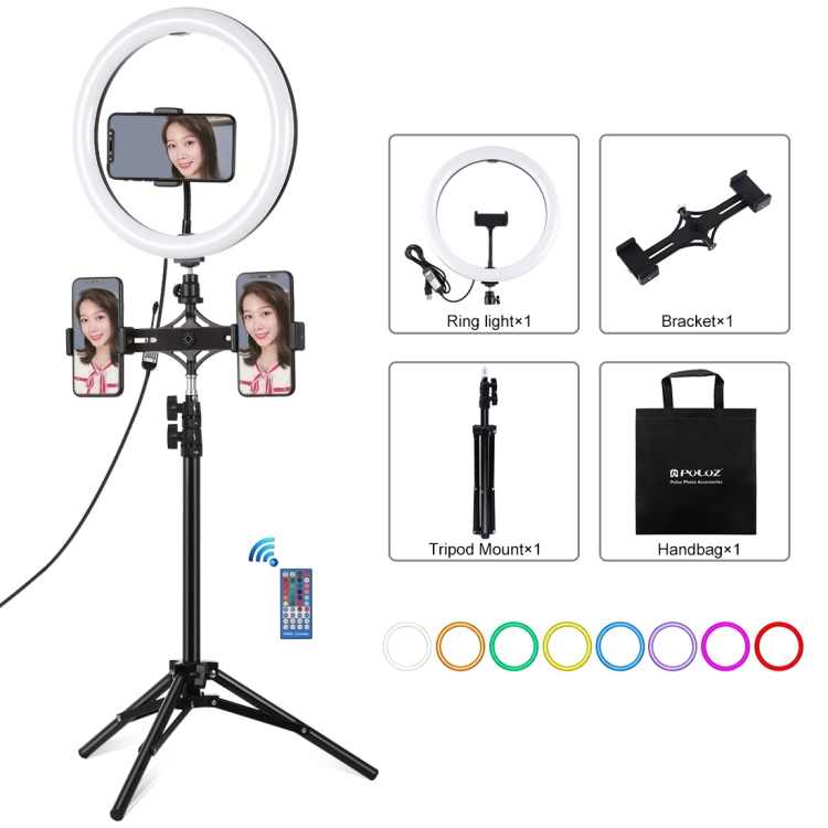 PULUZ 11.8 inch 30cm RGBW Light + 1.1m Tripod Mount + Dual Phone Brackets+ Curved Surface RGB Dimmable LED Dual Color Temperature LED Ring Selfie Vlogging Video Light  Live Broadcast Kits with Cold Shoe Tripod Ball Head & Phone Clamp & Remote Control