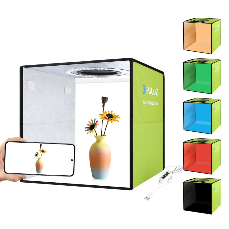 PULUZ 30cm Folding High 97 CRI Ring Light Photo Lighting Studio Shooting Tent Box Kit with 6 Colors Backdrops (Black, White, Orange, Red, Green, Blue), Unfold Size: 30cm x 30cm x 30cm