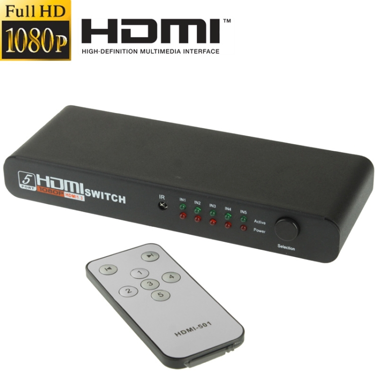 Full HD 1080P 5 Ports HDMI Switch with Remote Control & LED Indicator