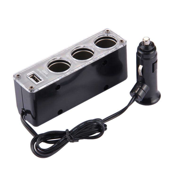 WF-0096 Triple Socket 12V/24V Car Cigarette Lighter USB Power