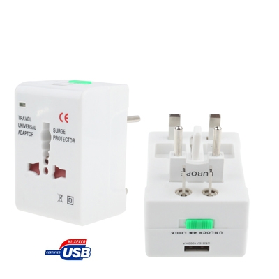 Universal US / EU / AU / UK Travel AC Power Adaptor Plug with USB Charger Socket