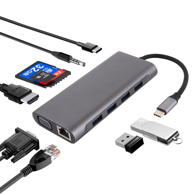 11 in 1 VGA + LAN Port + 4 x USB 3.0 + SD / TF Card + HDMI + Audio Port + USB-C / Type-C Female to USB-C / Type-C HUB Adapter