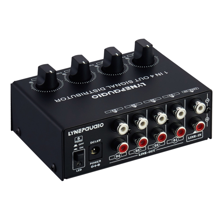1-In 4-Out Front Stereo Signal Amplifier, Independent Output Volume Adjustment RCA Interface No Loss Allocator, US Plug