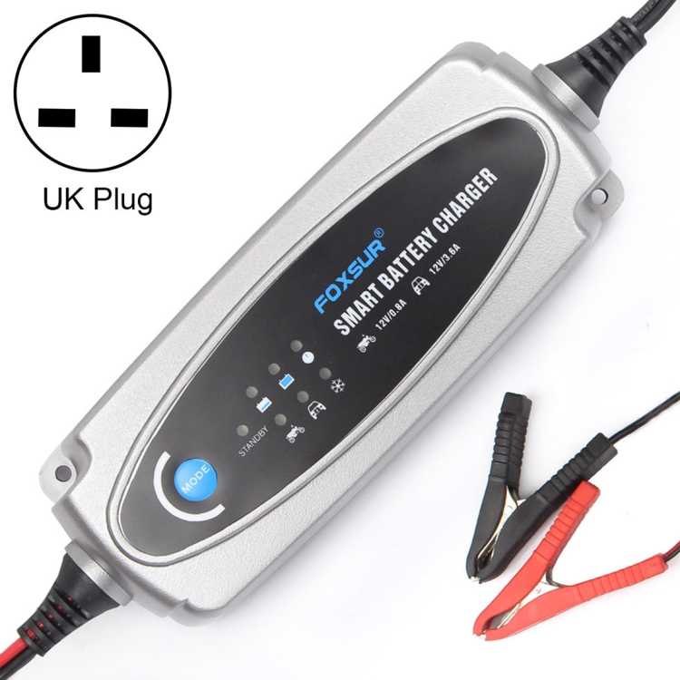 FOXSUR 0.8A / 3.6A 12V 5 Stage Charging Battery Charger for Car Motorcycle,  UK Plug