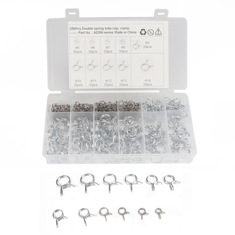 250 PCS Double Wire Spring Tube Clamp Water Pipe Clamps, Size: 5-14mm