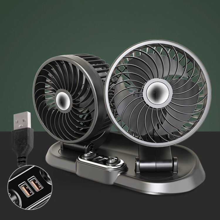 F622U Car Creative Folding Rotatable Double Head Electric Cooling Fan with Dual USB Charging Port