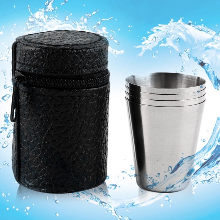 4 in 1 Outdoor Mini Stainless Steel Cup Hiking Camping Travel Portable Drinking Water Cup Set Leather Cup