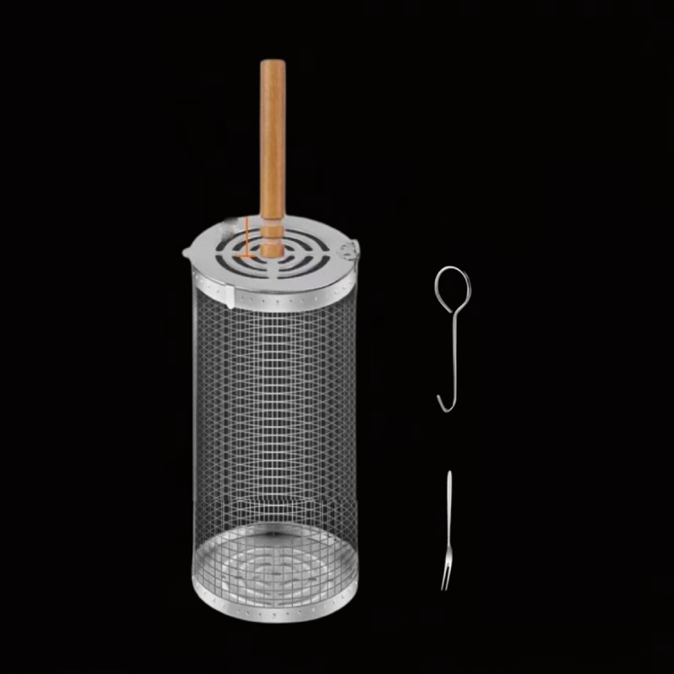 Upgrade Flip-top Lid BBQ Cage Stainless Steel Rolling Grilling Basket With Wooden Handle