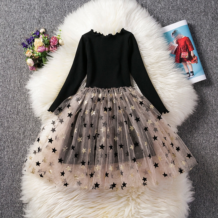Autumn Girls Star Pattern Lace Sequins Long Sleeve Tutu Dress