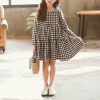 Autumn Girl Cotton Lattice Bow-knot Tie Long Sleeve Dress