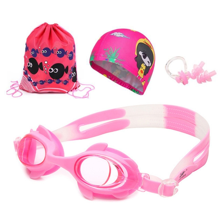 4 in 1 Cartoon Little Crab Waterproof and Anti-fog Silicone Swimming Goggles + Printed Pattern Swimming Cap + Nose Clip Earplugs + Storage Bag Swimming Equipment Set for Children