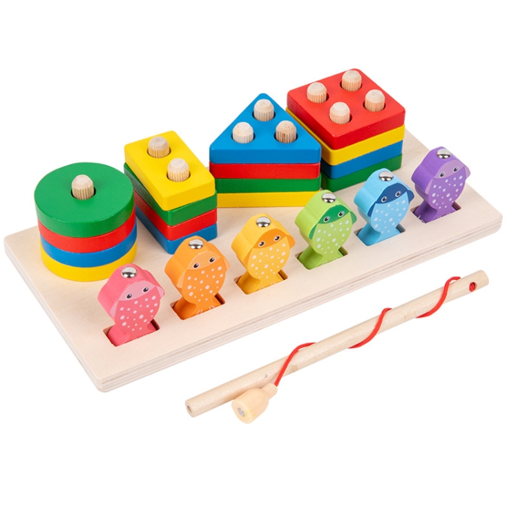 2-in-1 3D Magnetic Fishing Column Shape Matching Wooden Toys,Style:
