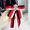 Women College Style Stripe Ribbon Bow Tie Diamond Pearl Bow-knot Brooch Clothing Accessories
