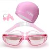 3 in 1 HD Waterproof and Anti-fog Large Frame Siamese Earplugs Swimming Goggles + Swimming Cap + Nose Clip Set for Men and Women