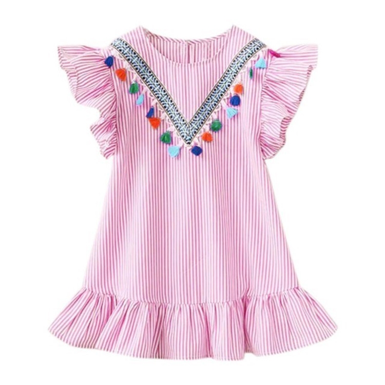 Girls Neckline Tassel Vertical Stripes Ruffled Dress