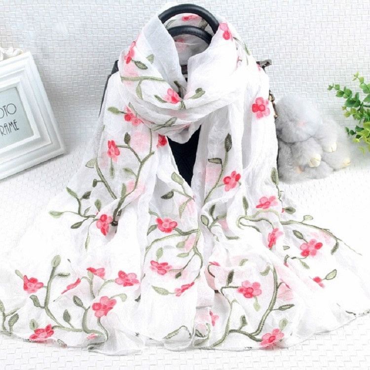 Autumn and Winter National Style Wild Peach Blossom Embroidery Pattern Long Lace Scarf Silk Scarf