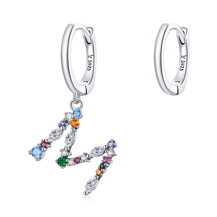 S925 Sterling Silver Colorful Zircon Letters M Asymmetry Women Earrings