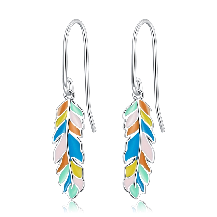 S925 Sterling Silver Colorful Feather Ear Hook Women Earrings