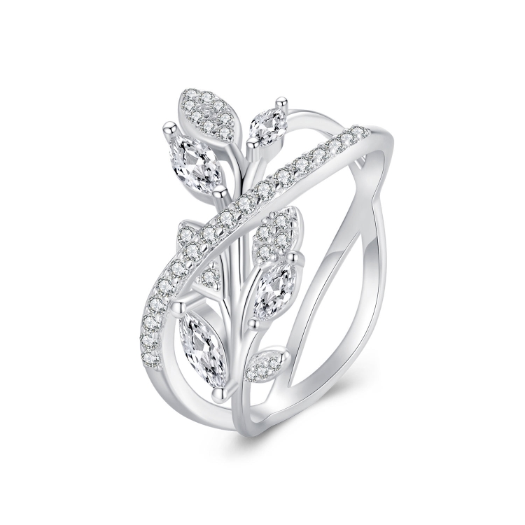 S925 Sterling Silver White Gold Plated Zircon Luxury Leaf Ring