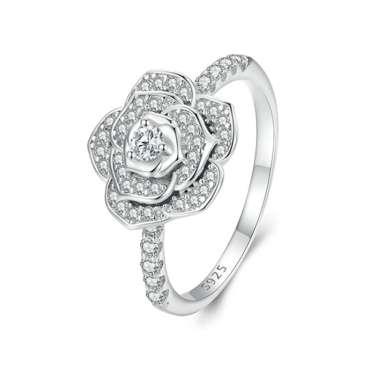 S925 Sterling Silver White Gold Plated Zircon Rose Ring Hand Decoration