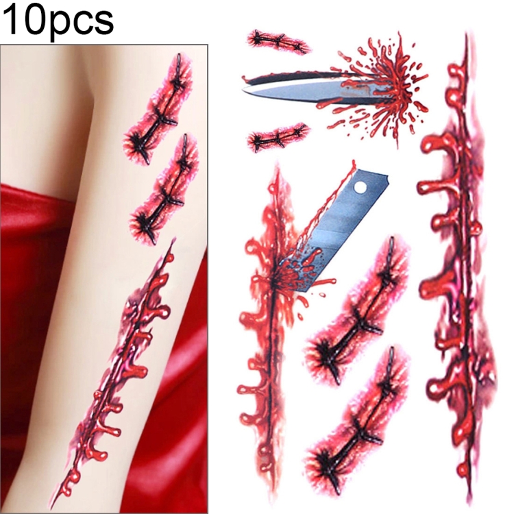 10pcs S-045 Halloween Terror Wound Realistic Blood Injury Scar Temporary Tattoo Sticker