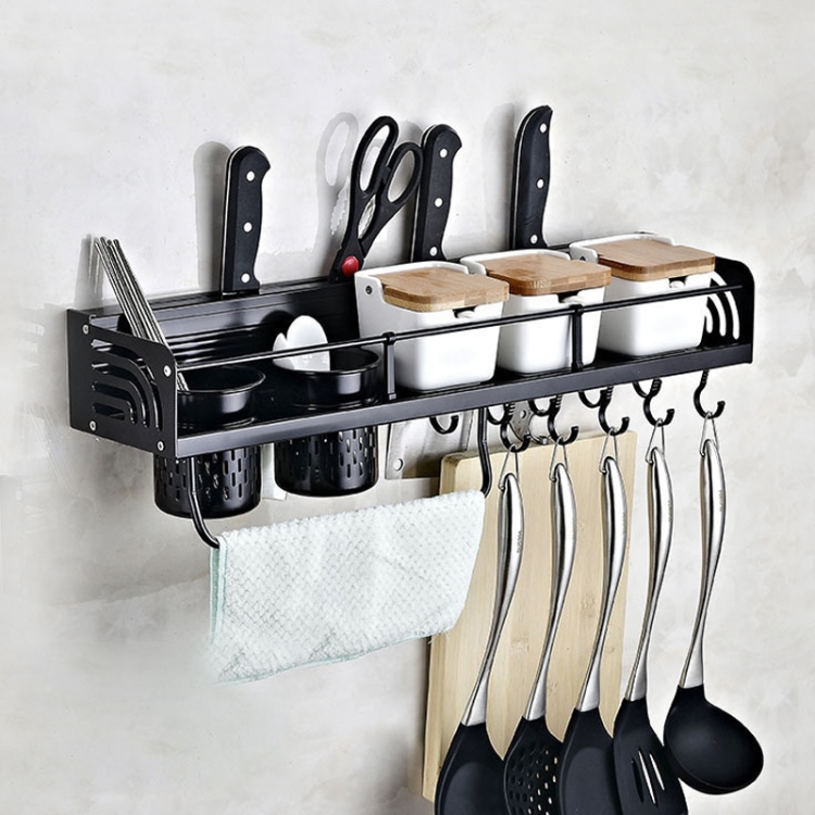 B Version 60cm 2 Cups 8 Hooks Kitchen Multi-function Wall-mounted Condiment Holder Storage Rack