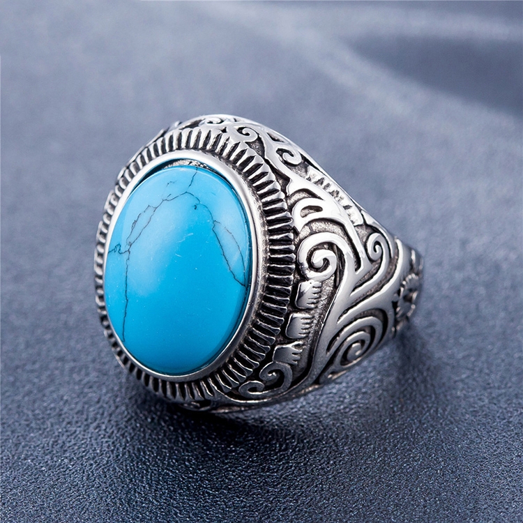 Europe and America Style Retro Gemstone Turquoise Men Titanium Steel Ring, Size: 7, Diameter: 17.4mm, Perimeter: 55mm