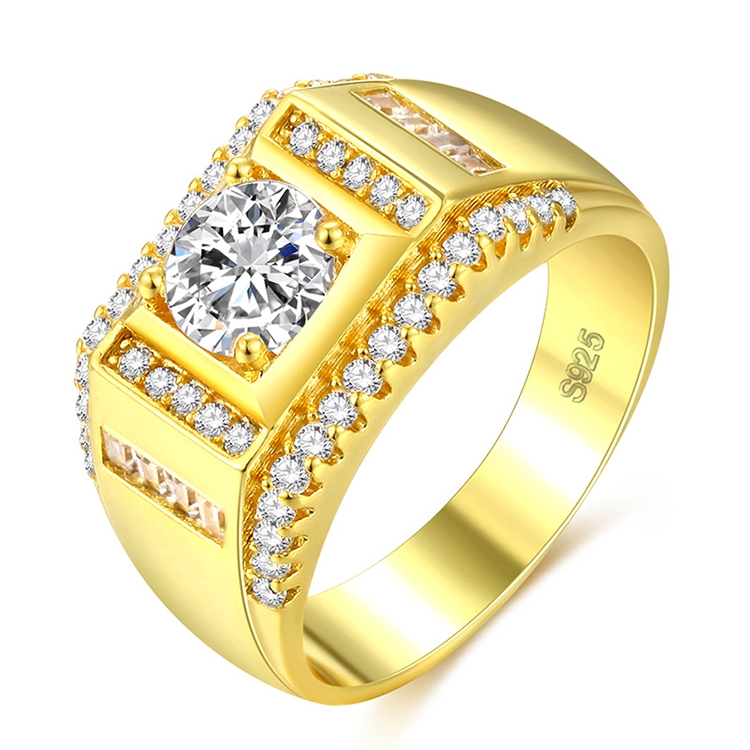 Fashion New Style Gold Plated + AAA Zircon Inlaid Rhinestone Men Diamond Ring, Size: 11, Diameter: 20.6mm, Perimeter: 64.6mm