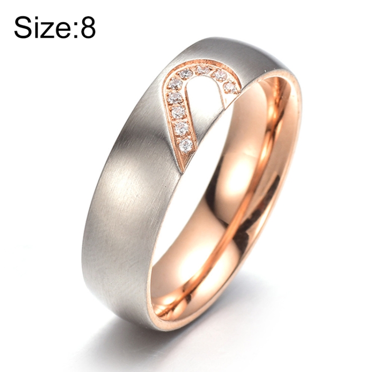 Fashion Rhinsetone Love Heart Splice Couples Ring Fine Titanium Steel Ring for Men and Women(Gold with Diamond, US Size: 8)