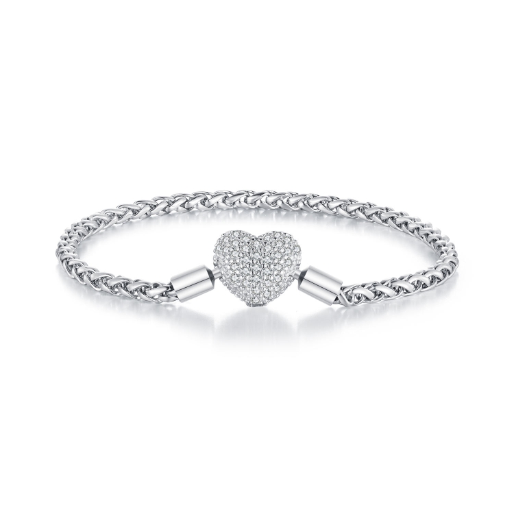 BSB133-17 Sterling Silver S925 White Gold Plated Zircon Heart Sparkling Bracelet