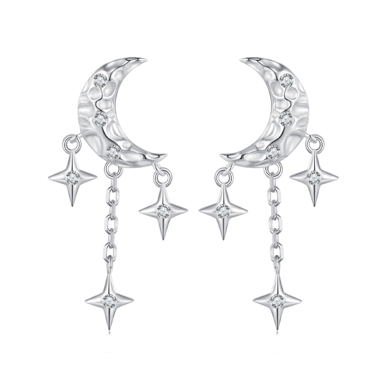 BSE858 Sterling Silver S925 White Gold Plated Zircon Moon Tassel Stud Earrings