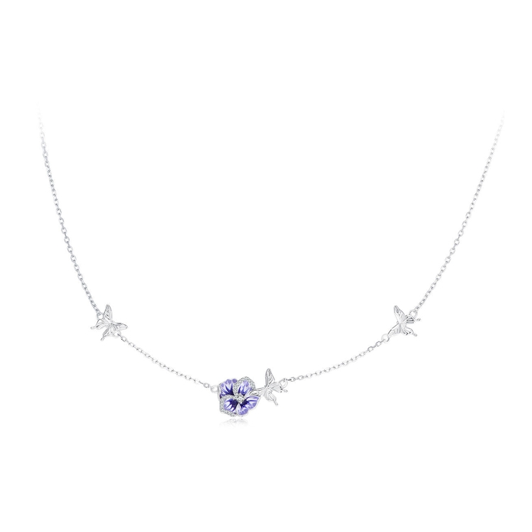 BSN336 Sterling Silver S925 White Gold Plated Zircon Stretchable Pansy Necklace Pendant