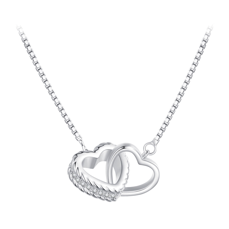 BSN338 Sterling Silver S925 White Gold Plated Zircon Dual Ring Heart Interlocking Necklace
