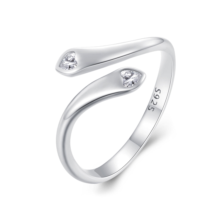 SCR946-E Sterling Silver S925 White Gold Plated Zircon Double Heart Opening Adjustable Ring