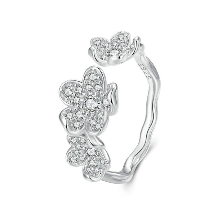 BSR447 Sterling Silver S925 Plated White Gold Fully Paved Zircon Flower Open Adjustable Ring