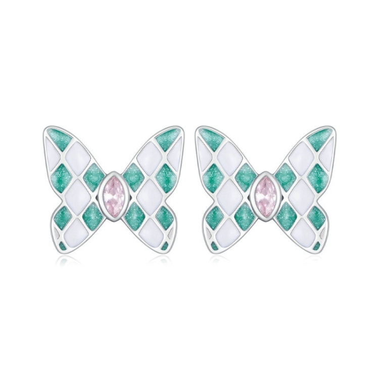 SCE1610 Sterling Silver S925 White Gold Plated Zircon Rhombus Spot Butterfly Stud Earrings