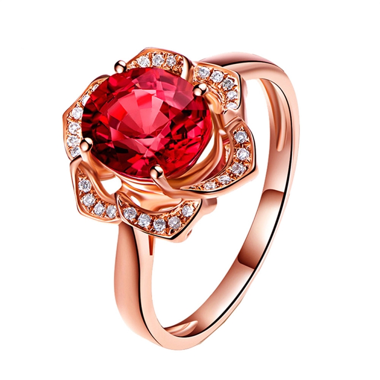 Fashion Red Tourmaline Rose Gold Flower Shape Women Ring