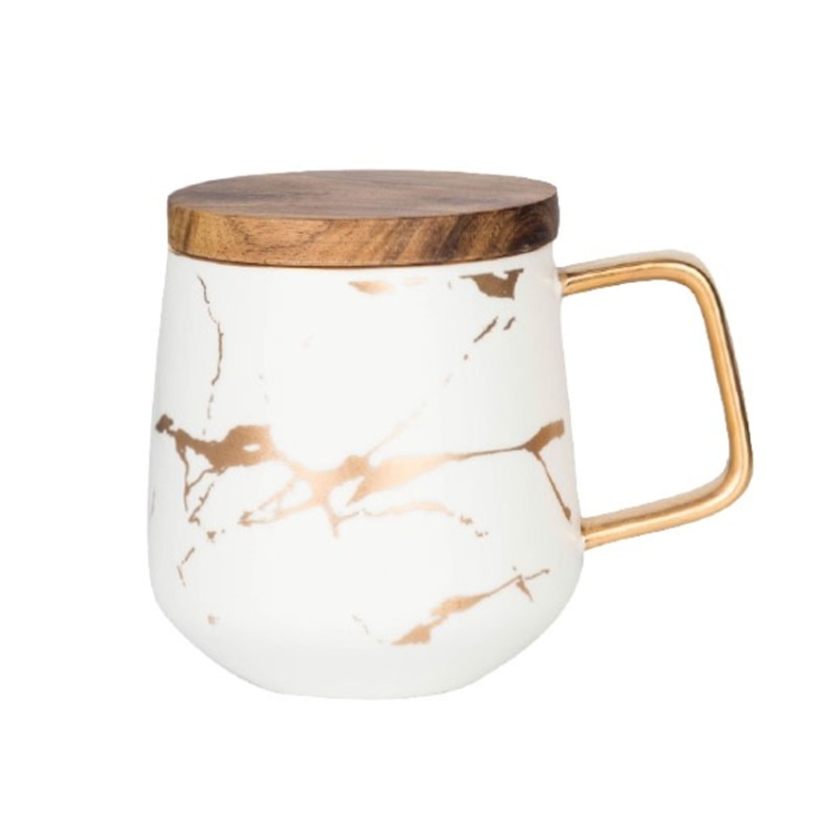Marble Matte Gold Series Ceramic Tea Cup Coffee Mug With Wooden Lid Or Tray