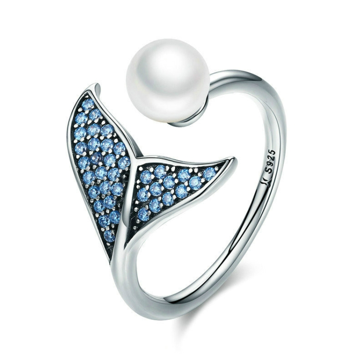 Female Sterling Silver Open Diamond Ring Mermaid Foam Pearl Ring