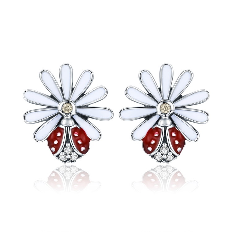 Sterling Silver Ladybug Flower Earrings Drop Oil Diamond Earrings Female Earrings