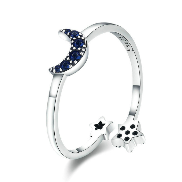 S925 Sterling Silver Ladies Ring Bright Star Moon Hollow Ring
