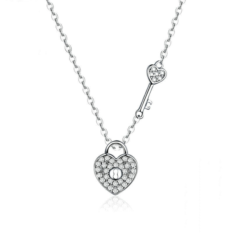 S925 Sterling Silver Platinum Plated Heart Lock Necklace Girls White Inlaid Zircon Key Jewelry
