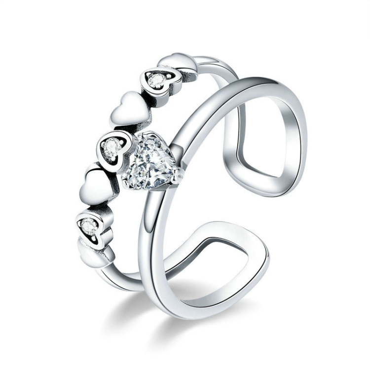 S925 Sterling Silver Ring Delicate Heart Diamond Open Female Ring